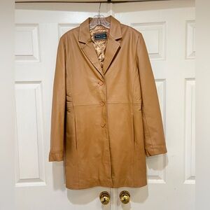 Women Sz Medium Tan Leather Long Jacket  Coat‎ Pockets Mob Wife Old Money Winter